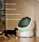 Petlibro PETLIBRO cat pet litter box with sensors and camera; mentions fountain and automatic feeder, cat walking by white unit