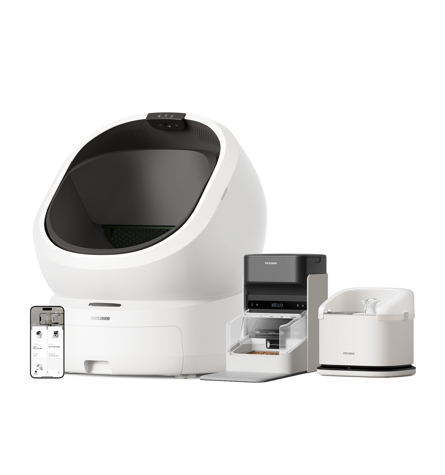 Petlibro PETLIBRO cat pet fountain, litter box, and automatic feeder set in white and black with app control phone screen