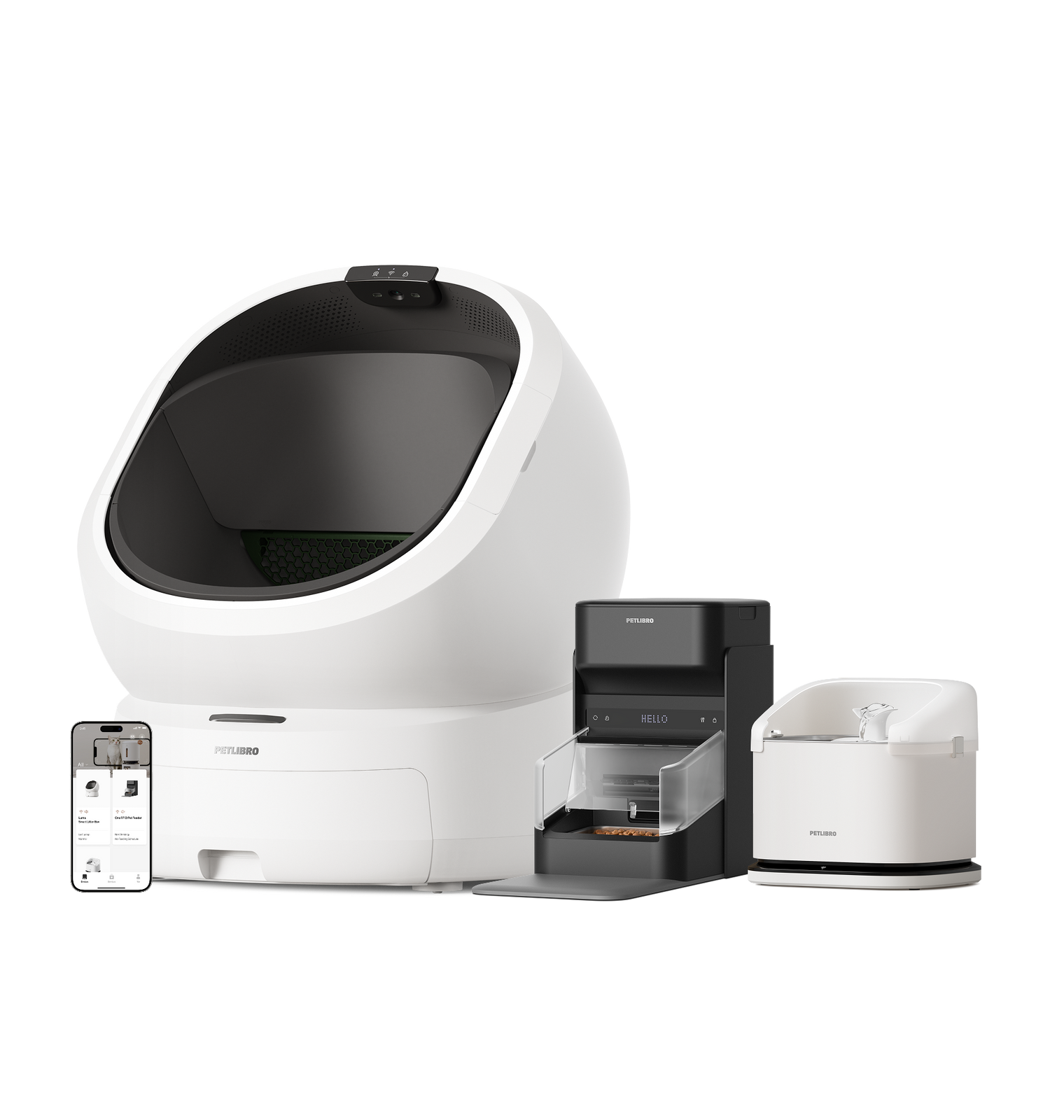 Petlibro PETLIBRO cat pet fountain, litter box, and automatic feeder set in white and black with app control phone screen