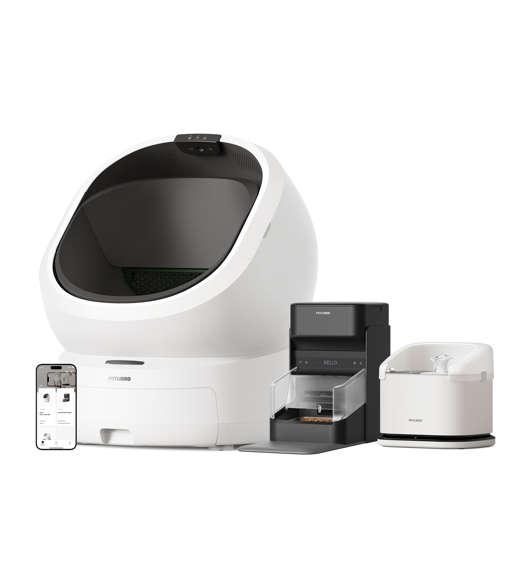 Petlibro PETLIBRO cat pet fountain, litter box, and automatic feeder set in white and black with app control phone screen