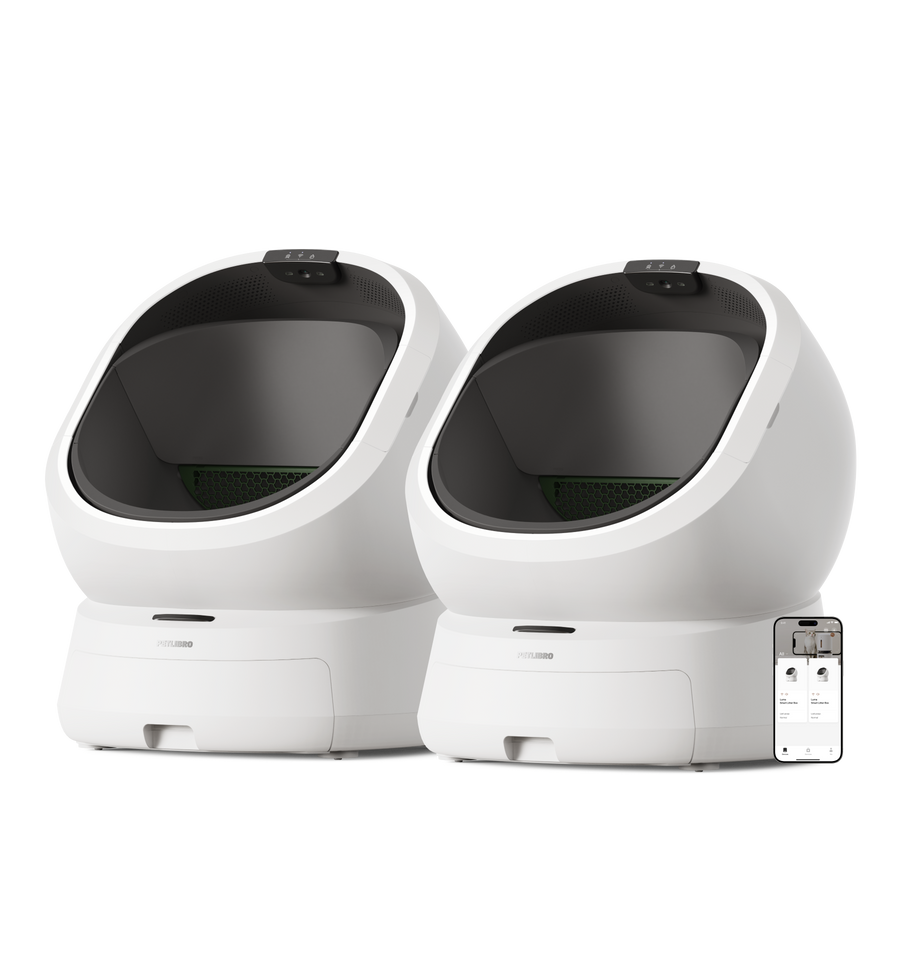 Petlibro PETLIBRO cat pet litter box duo, white automatic units with app screen; mentions fountain and automatic feeder ecosystem