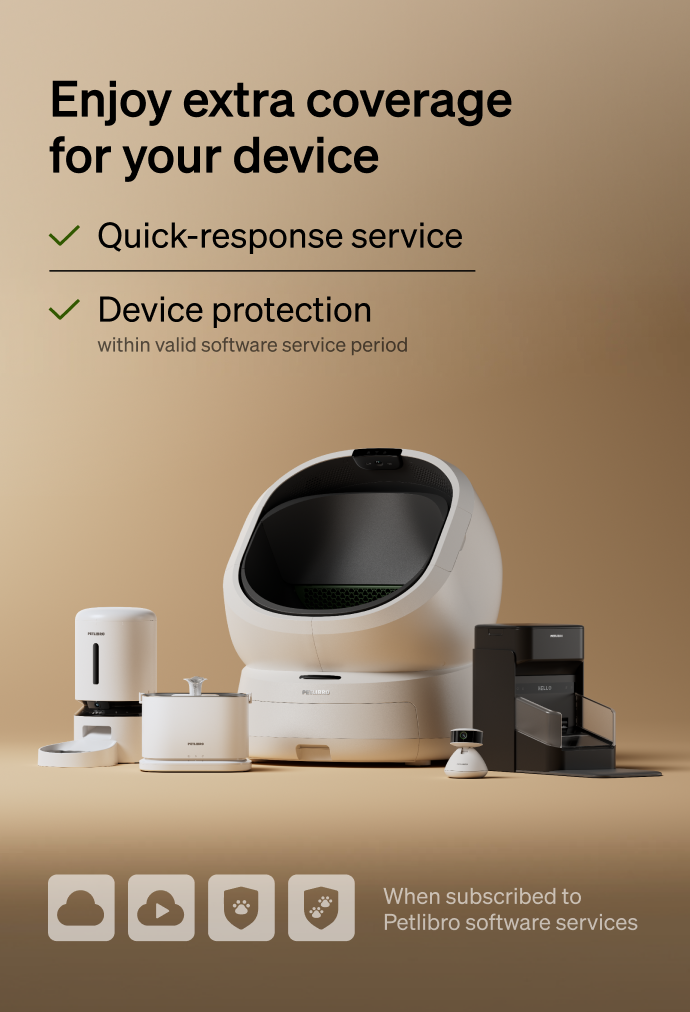 Petlibro smart pet care devices including automatic feeder, water fountain, litter box, and camera in beige and black colors