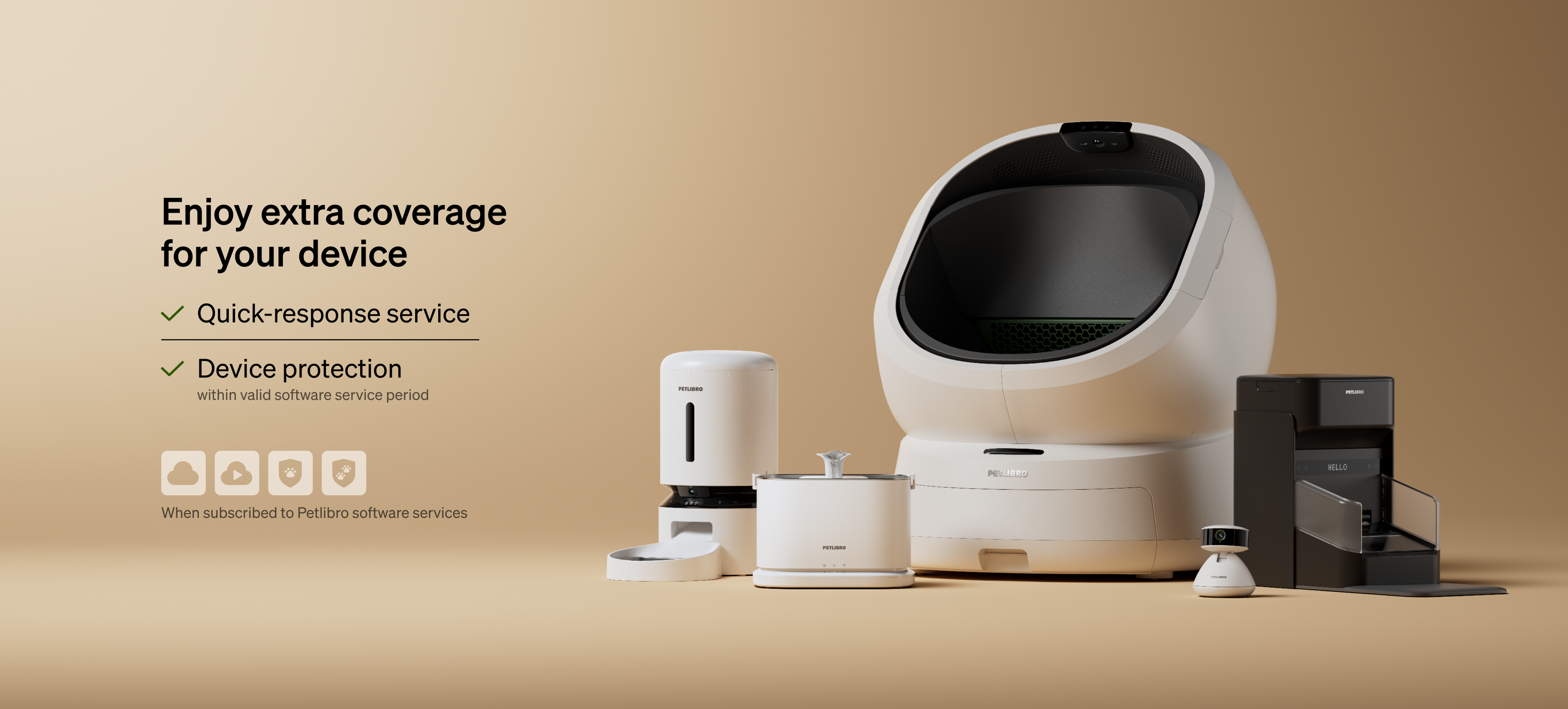 Petlibro smart pet care devices including automatic feeder, water fountain, litter box, and camera in beige and black colors