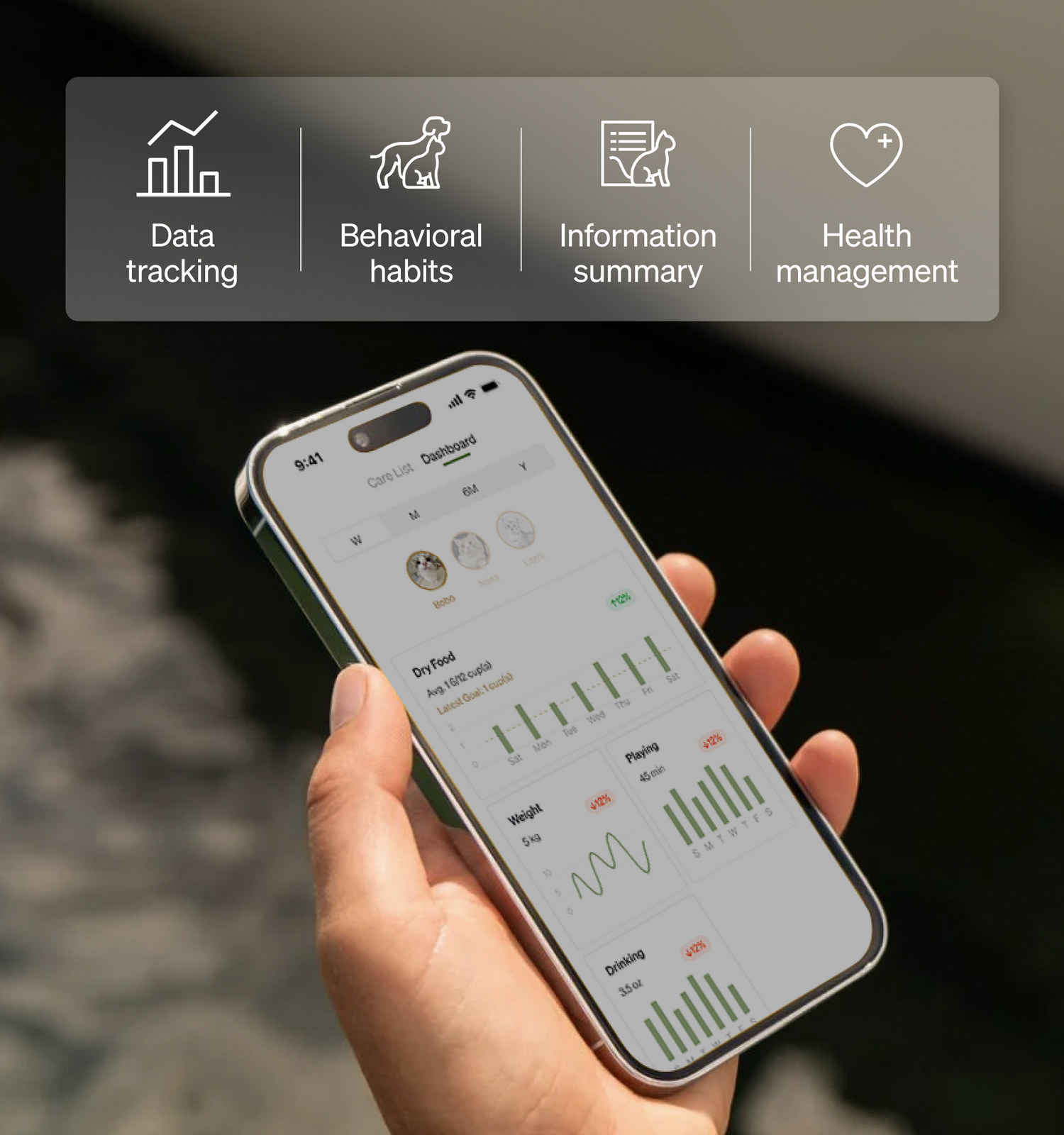 Petlibro mobile app interface showing pet care dashboard with data tracking, behavioral habits, information summary, and health management features