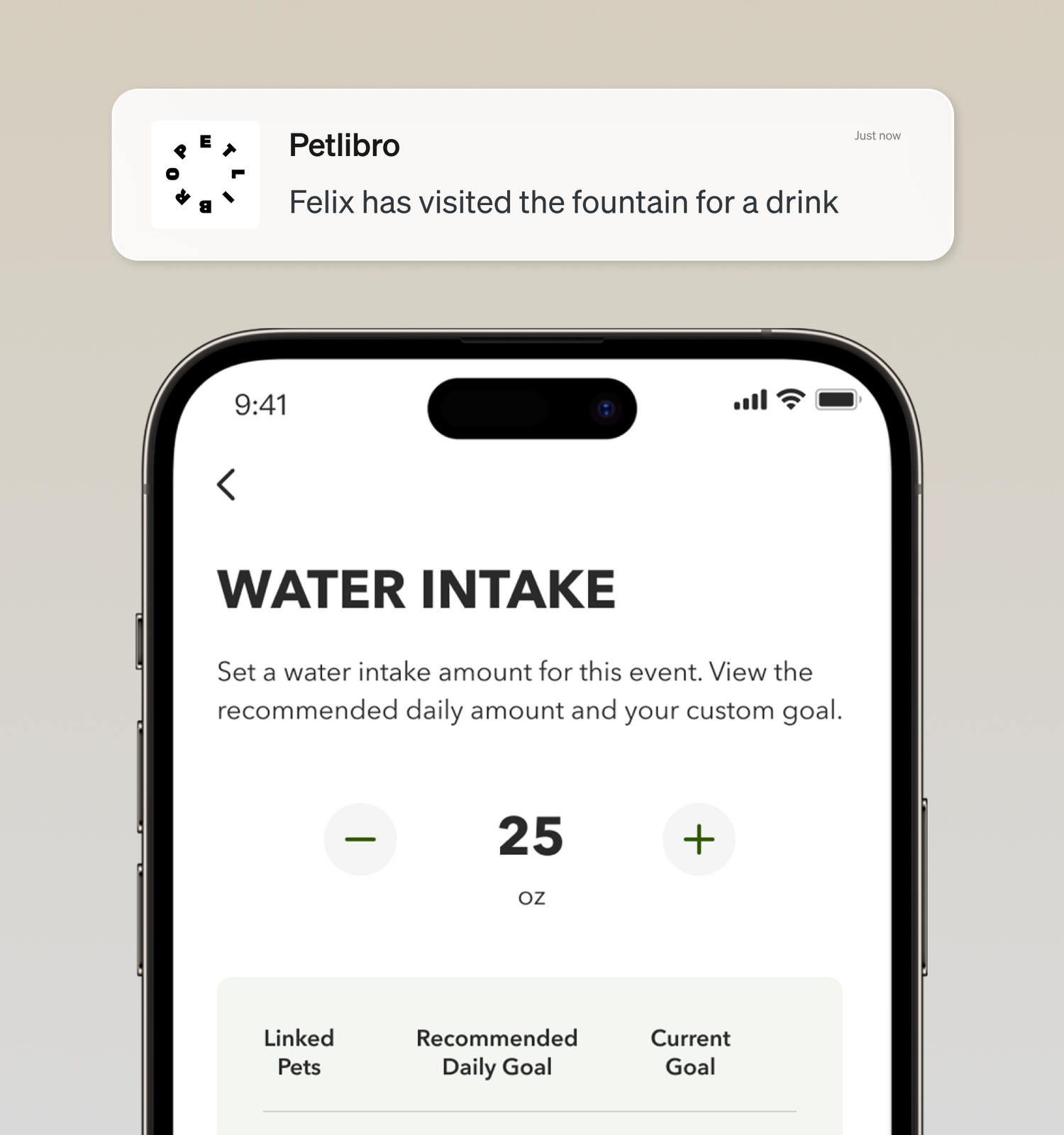 Petlibro mobile app screen showing water intake tracking with adjustable ounces and pet hydration notification