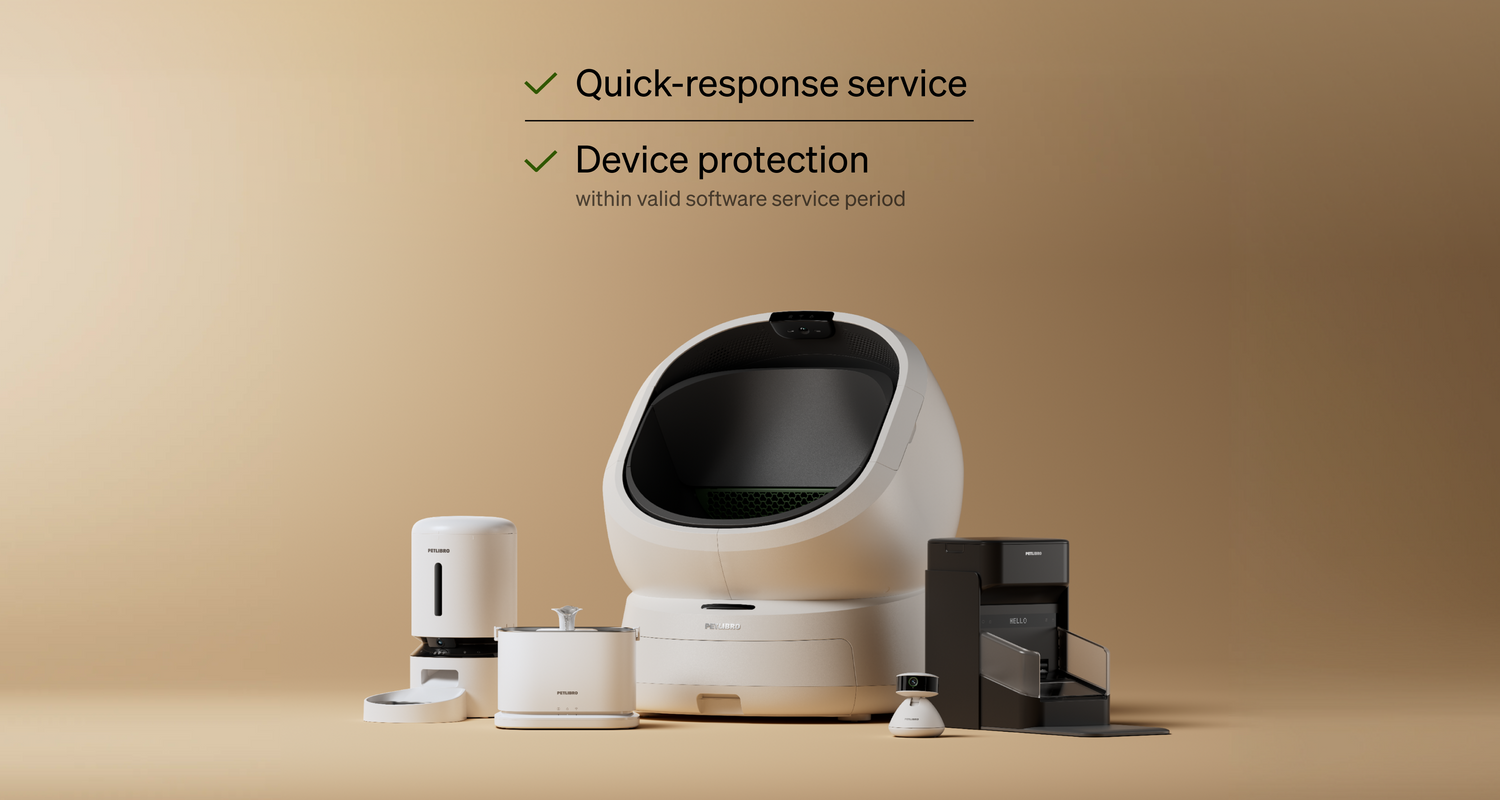 Petlibro smart pet care devices including automatic feeder, water fountain, litter box, and pet camera in beige and black colors