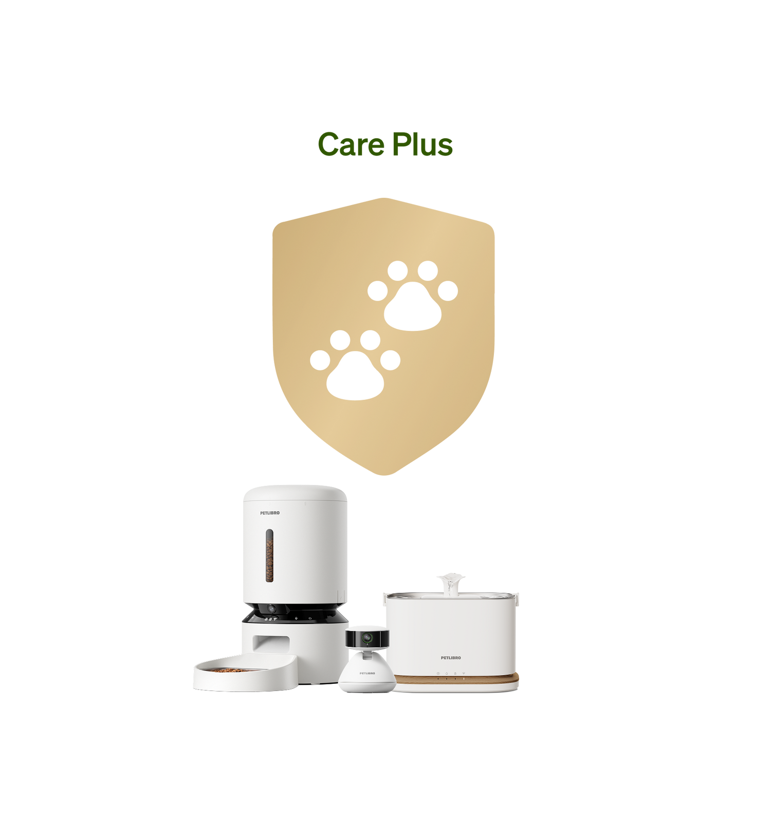 Petlibro smart pet feeder, water fountain, and camera set in white with gold shield icon and paw prints above