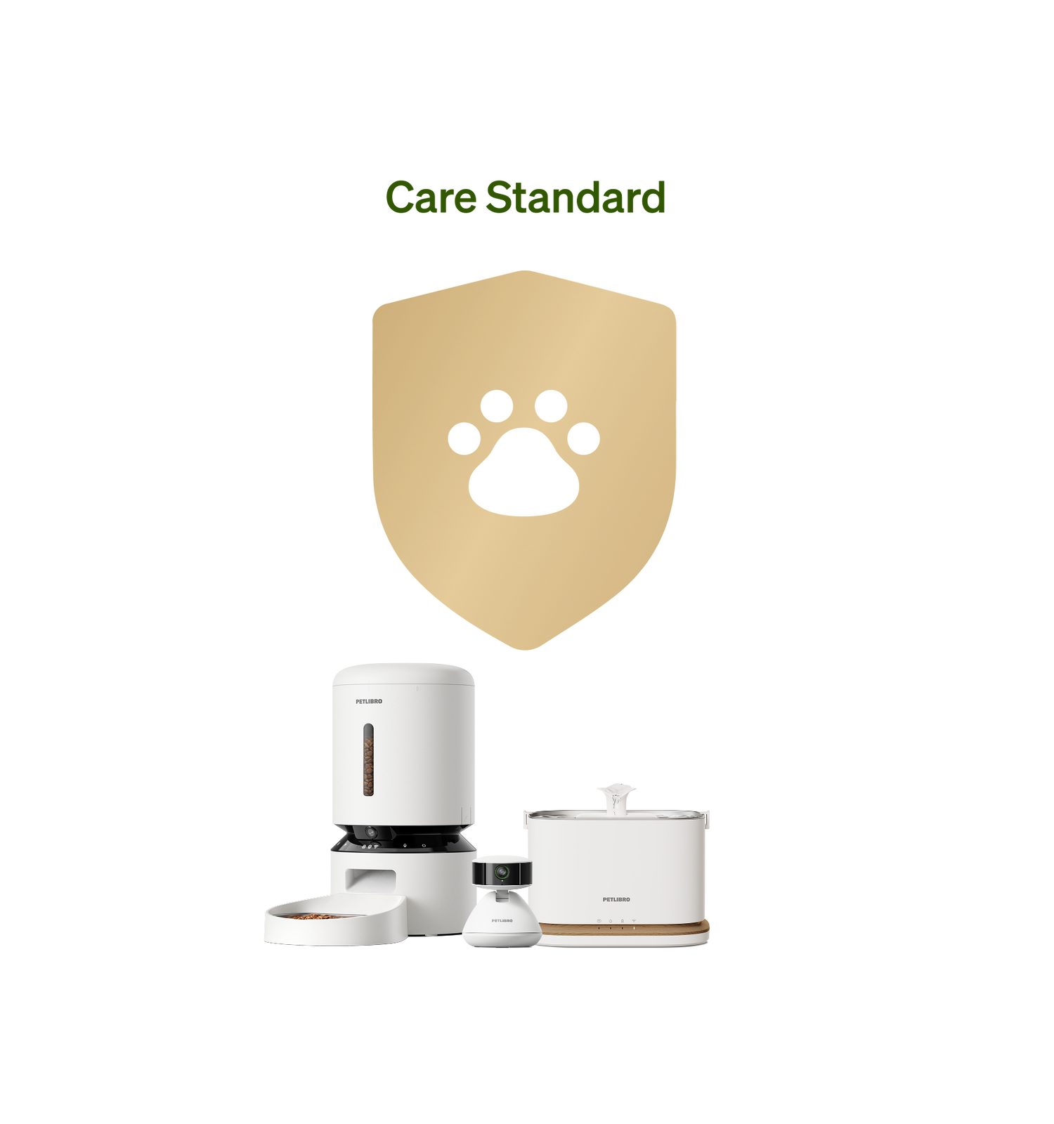 Petlibro smart pet feeder, water fountain, and pet camera set in white with wood accents for automated pet care