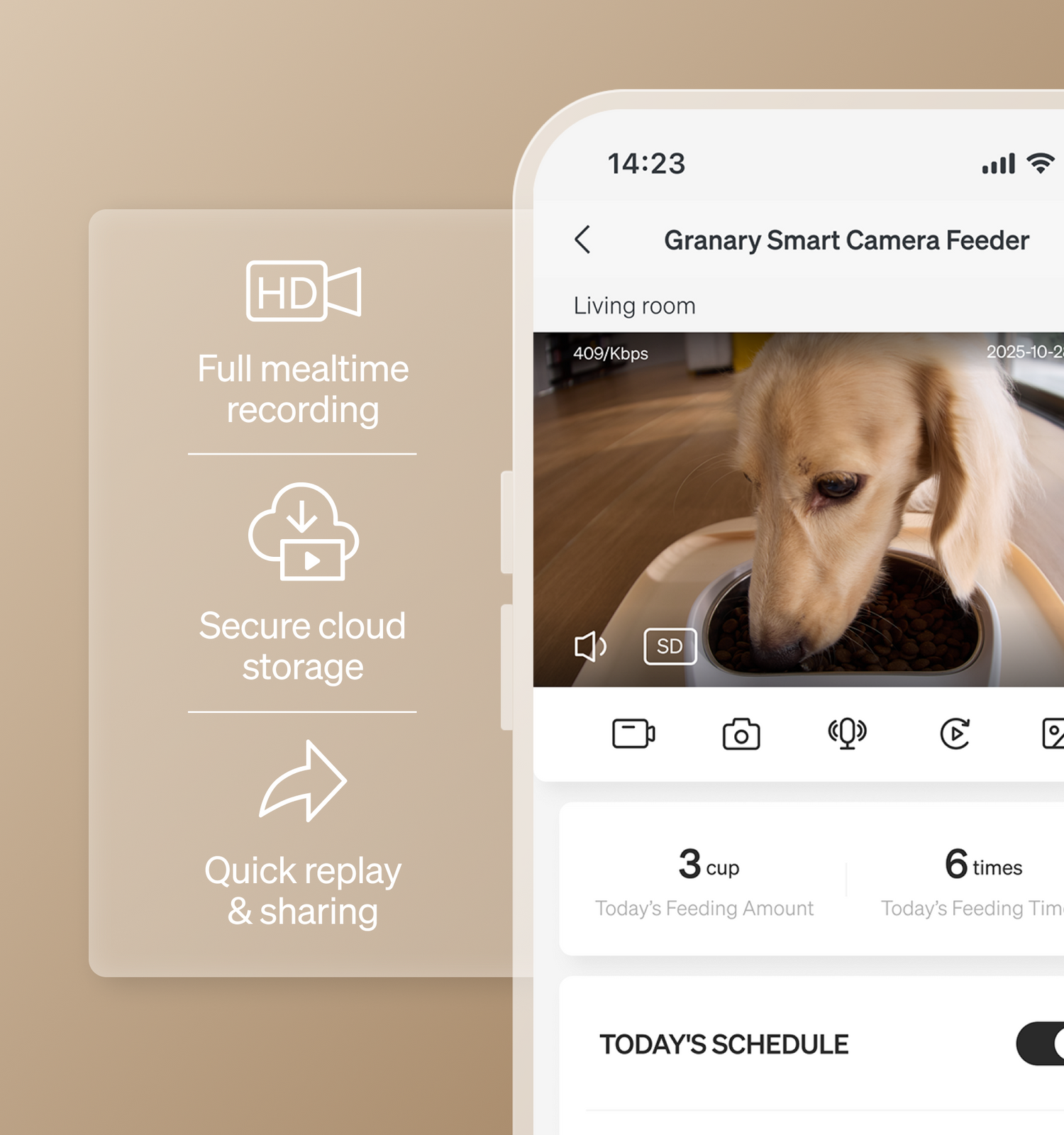 Petlibro app interface showing Granary Smart Camera Feeder live video of dog eating with feeding schedule and cloud recording features