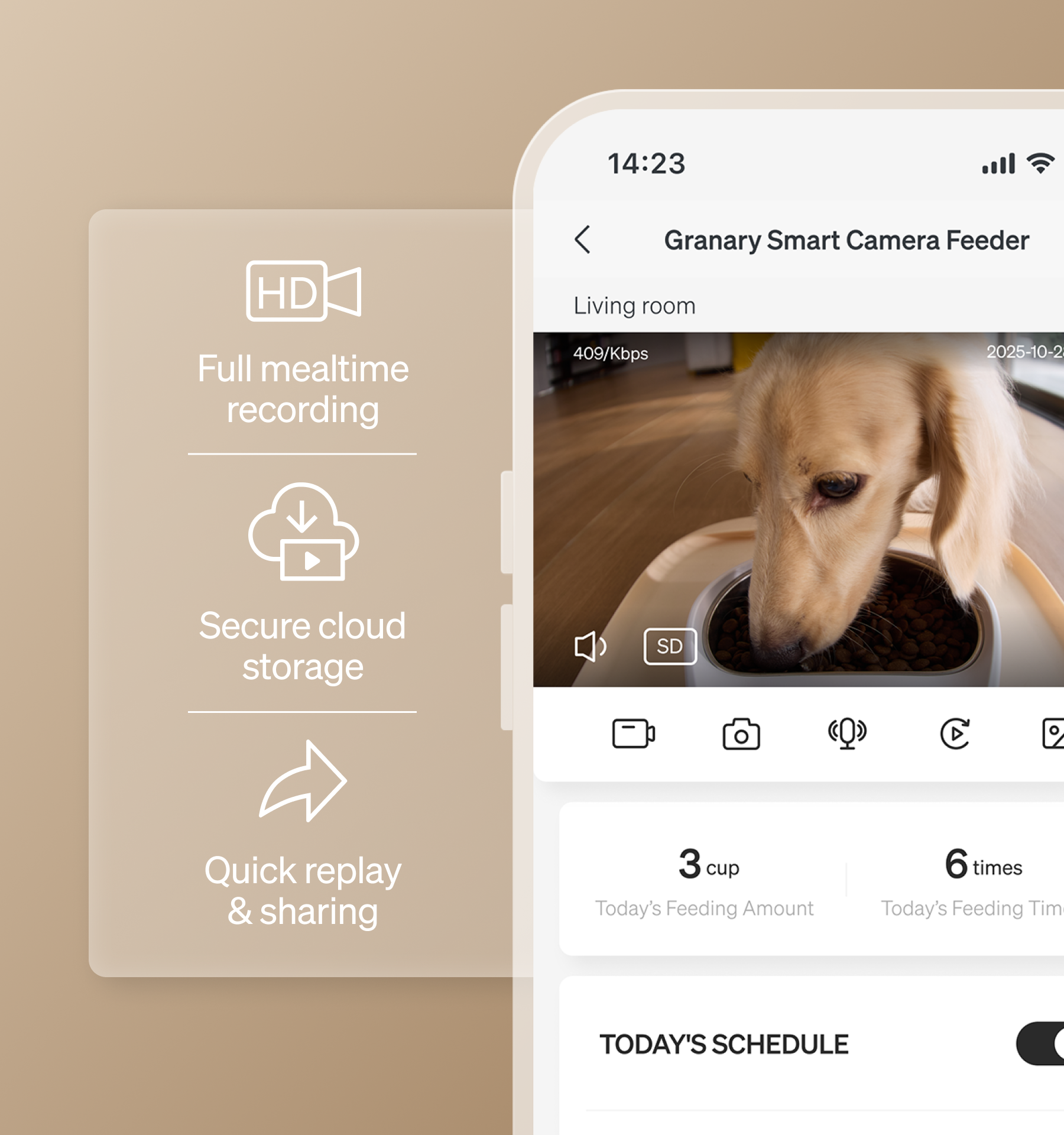 Petlibro app interface showing Granary Smart Camera Feeder live video of dog eating with feeding schedule and cloud recording features