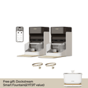 Petlibro dual automatic pet feeders in white and black with smart collars and mobile app control, plus a white smart pet water fountain gift