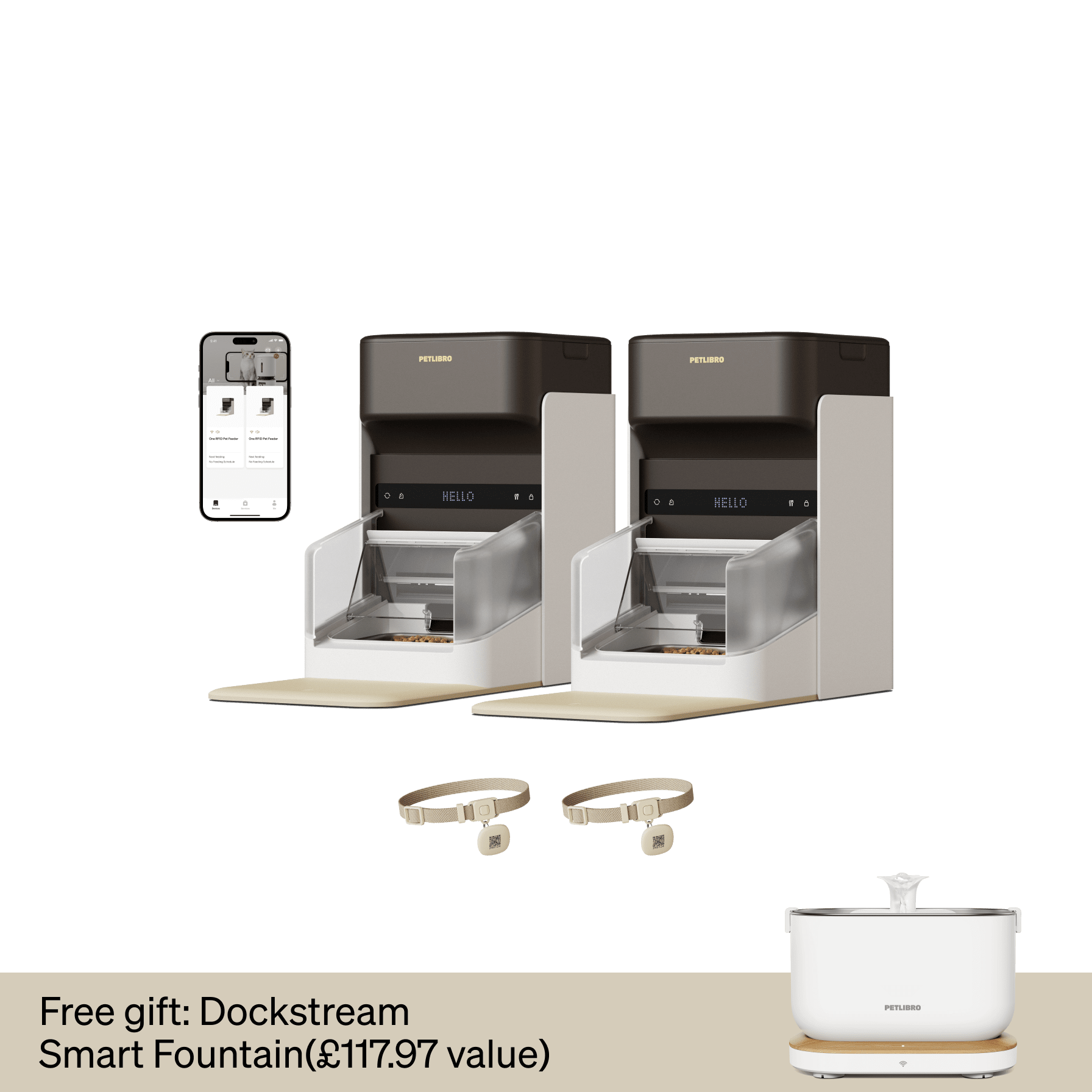 Petlibro dual automatic pet feeders in white and black with smart collars and mobile app control, plus a white smart pet water fountain gift