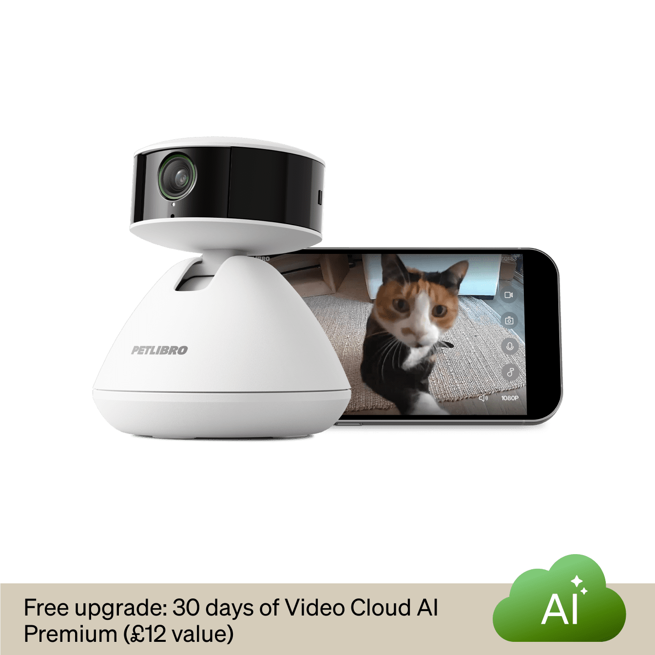 Petlibro PETLIBRO pet camera shows a cat on phone screen; mentions fountain, litter box, automatic feeder, Video Cloud AI offer