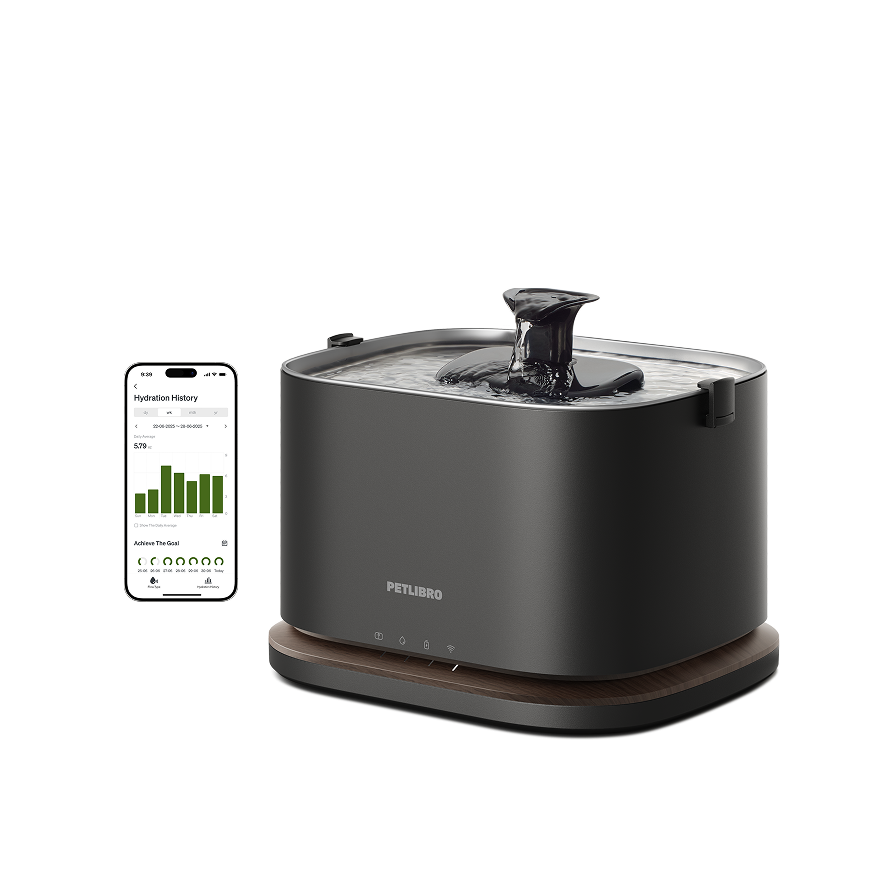 Petlibro PETLIBRO smart pet cat fountain feeder with app screen; black water fountain, mentions litter box ecosystem