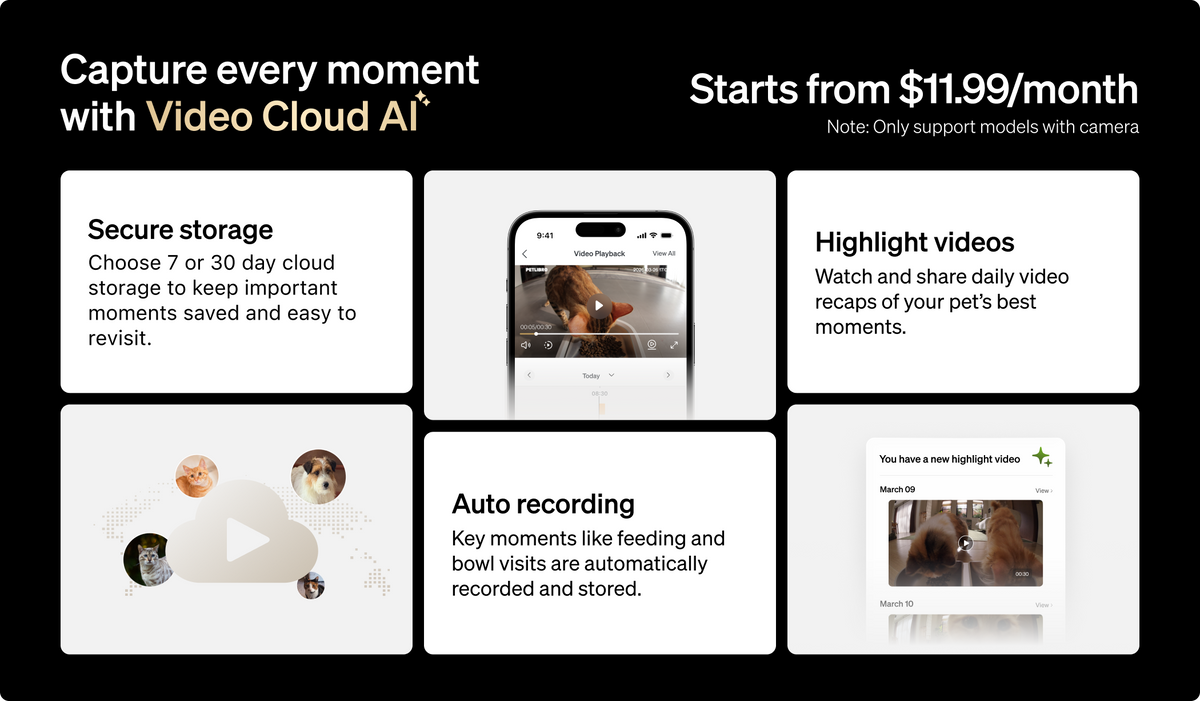 Petlibro Video Cloud AI banner for smart cat feeder with camera, proof of feeding how to know if my cat ate, reliable wifi cat feeder