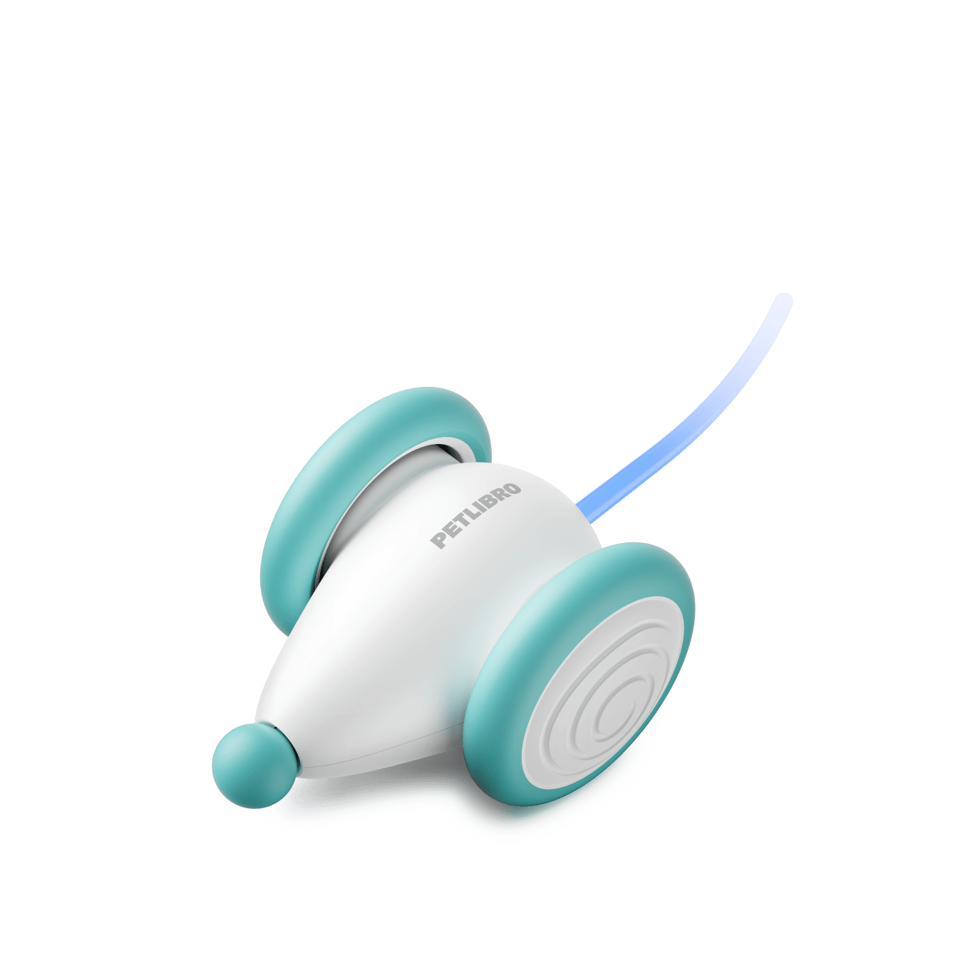 Petlibro interactive white and teal mouse-shaped cat toy with a blue tail for pet play